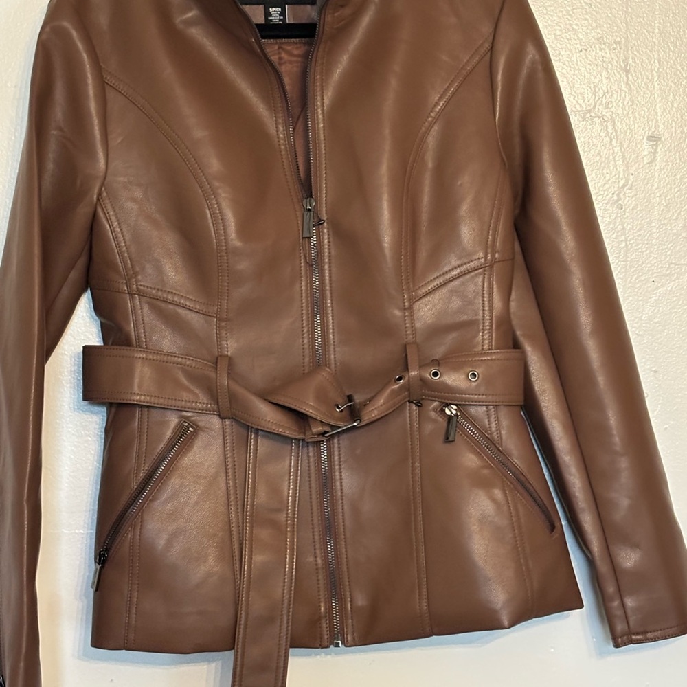 Brown fax Leather Belted Women's Jacket